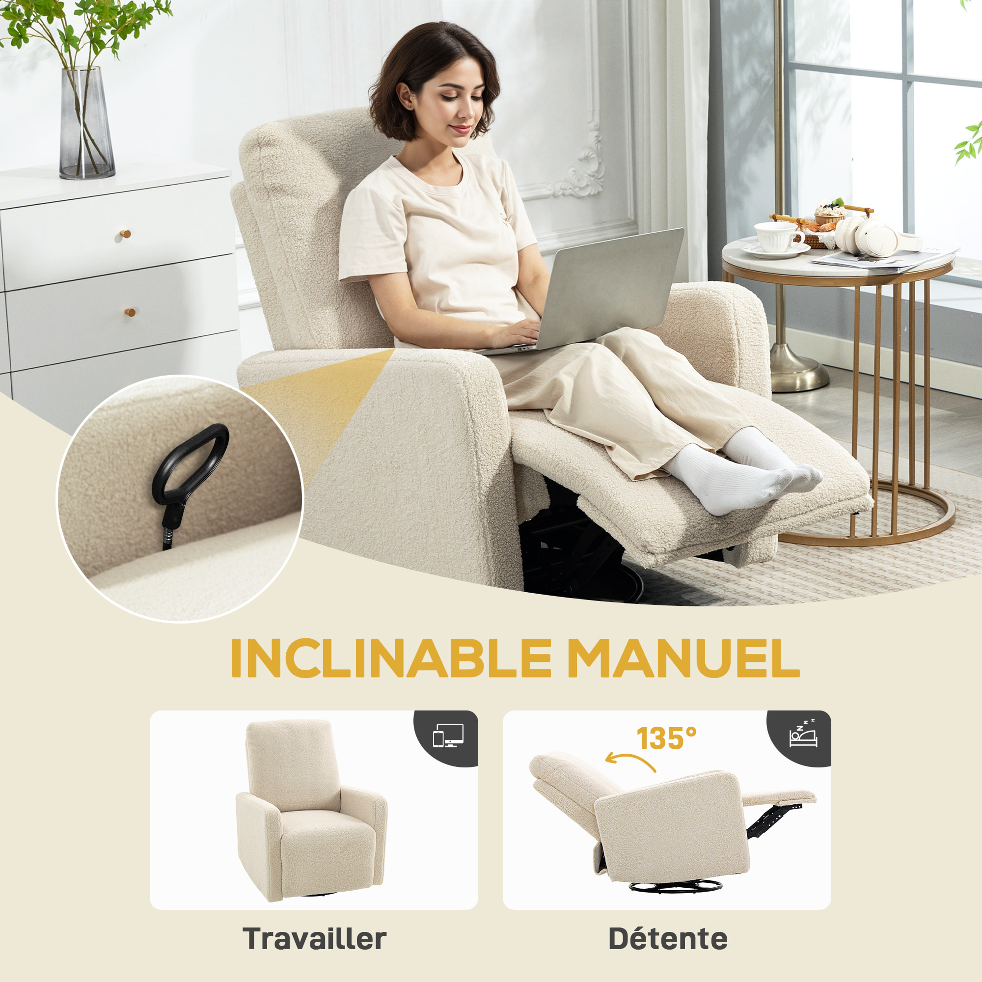 Fauteuil relax design bouclette - fauteuil inclinable pivotant repose-pieds intégré - beige