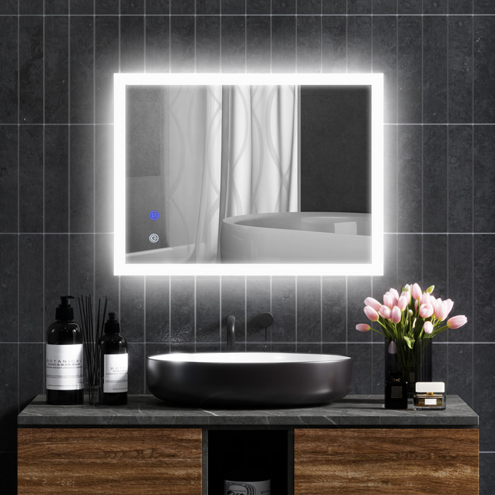 Espejo de Baño con Luces LED Regulable en 3 Colores, 80x60 cm, Espejo de Pared, Antivaho, Luces Retroiluminado, Función de Memoria, Ajuste de Brillo, Interruptor Táctil, Horizontal/Vertical