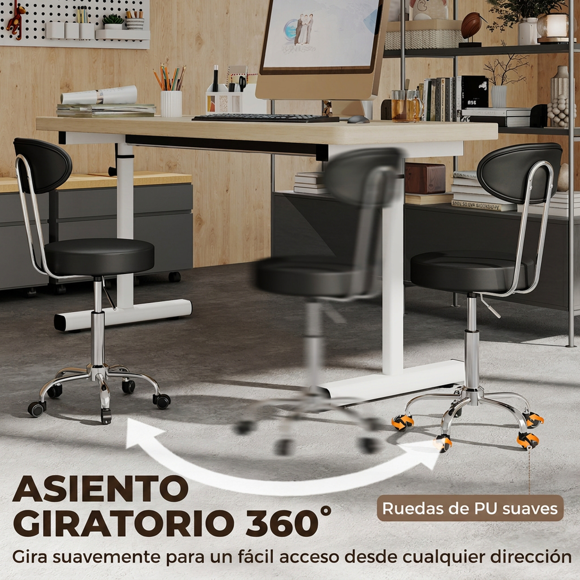HOMCOM Taburete con Ruedas, Taburete Giratorio con Respaldo, Altura Regulable, Tapizado en Cuero Sintético, Asiento Acolchado, para Spa, Tatuajes, Oficina, Dormitorio, Negro