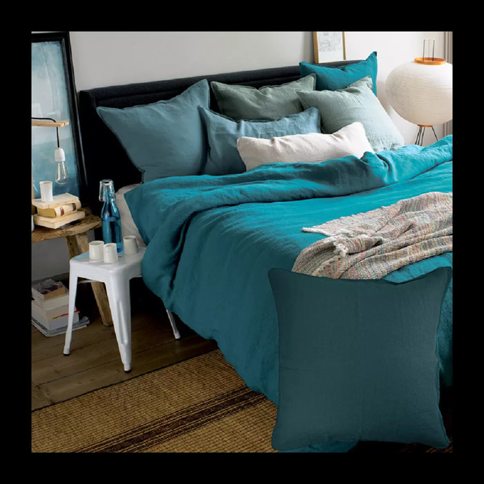 Housse de couette pur lin lavé 160 g/m² uni bleu Syracuse petrole