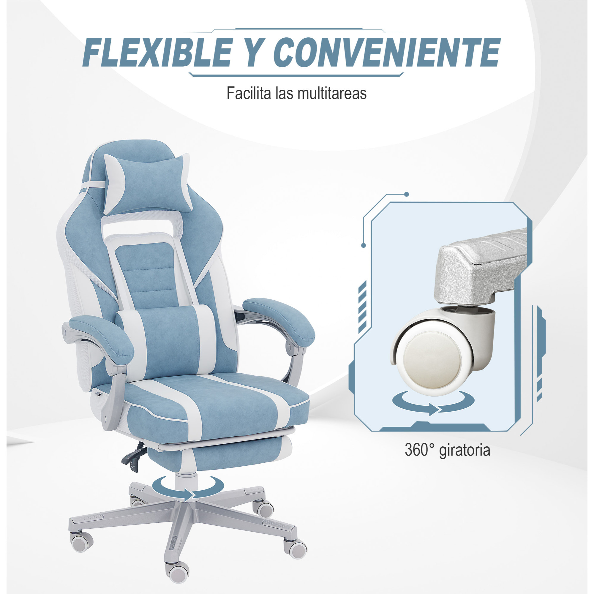 Silla Gaming Silla Gamer Reclinable con Altura Ajustable Reposapiés Retráctil Soporte Lumbar y Reposacabezas Desmontable Silla para Oficina Estudio Azul