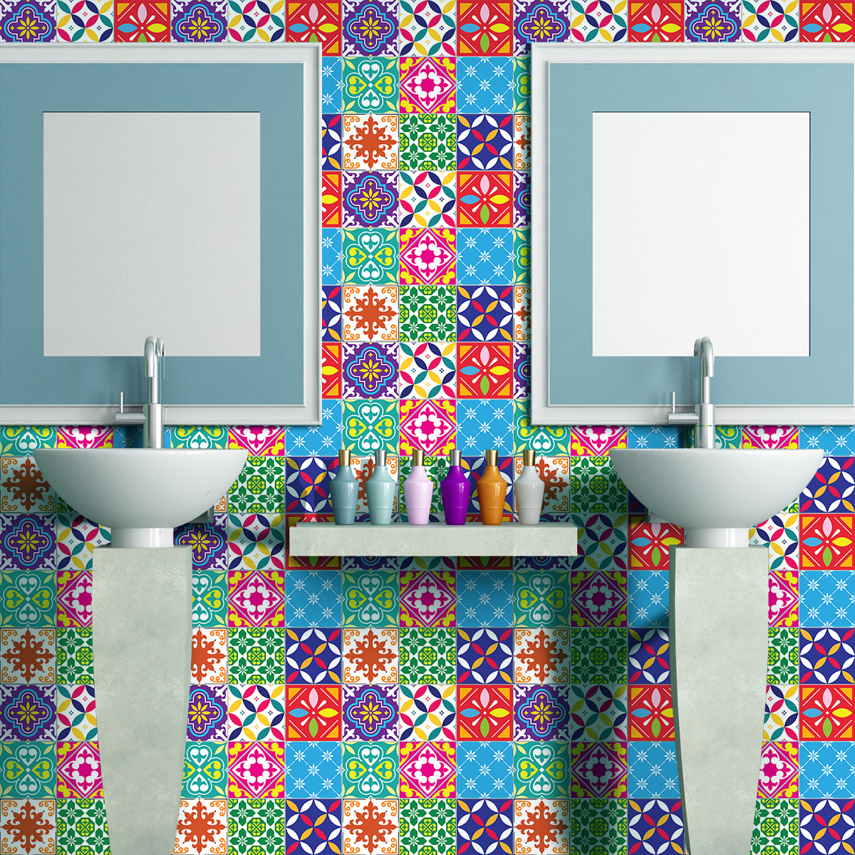 Stickers muraux - Sticker Mural Carrelage adhésif Cuisine Salle de Bain - 60 STICKERS CARRELAGES AZULEJOS CAELINA