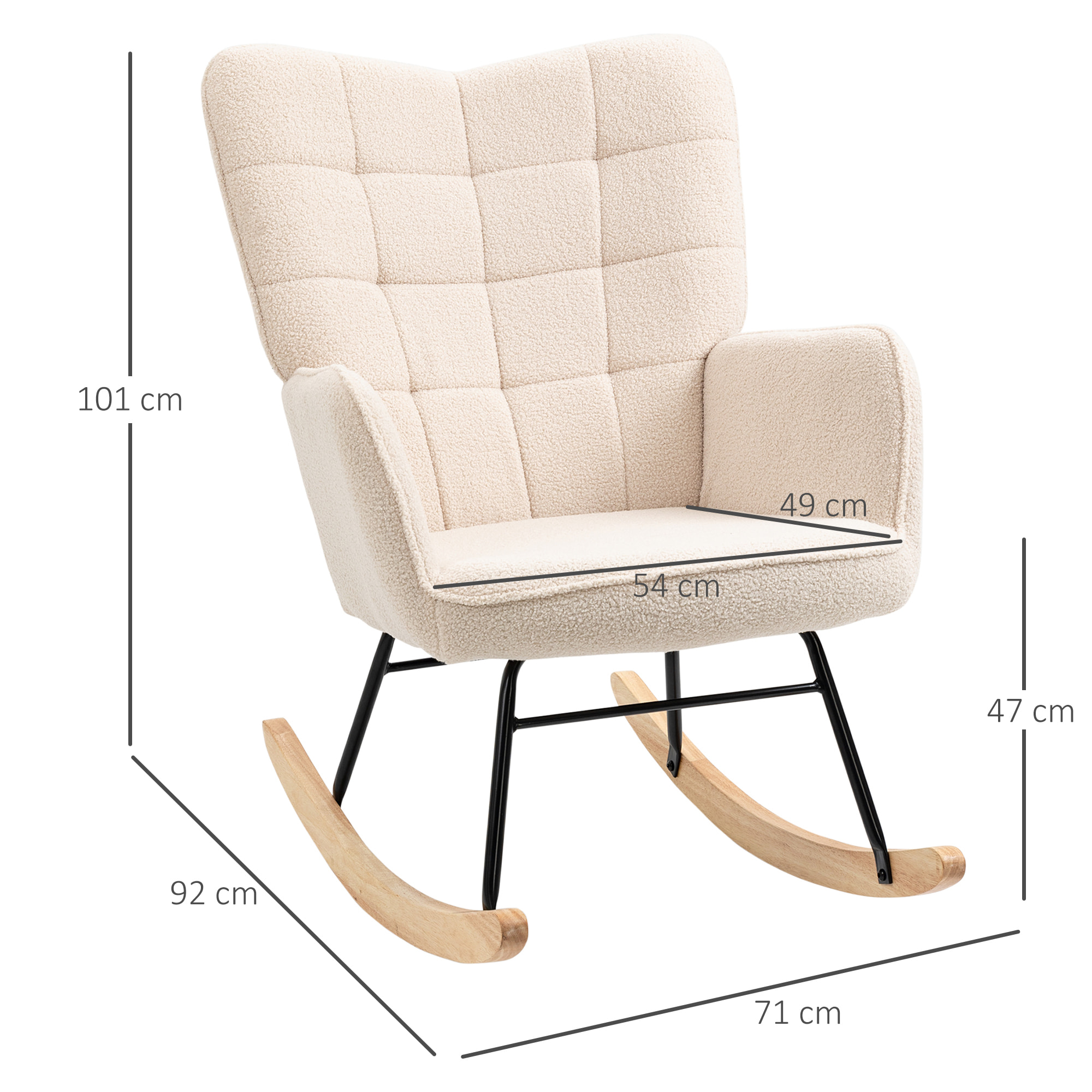 Fauteuil à bascule rocking chair design - structure acier piètement bois tissu effet laine bouclé beige