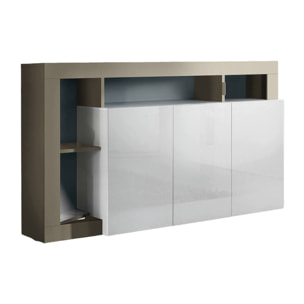 Credenza moderna a 3 ante a vani aperti, Made in Italy, Madia da cucina, Buffet di design da soggiorno, cm 146x42h93, colore Bianco lucido e Pero