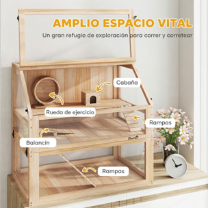 Jaula para Hámster de Madera 3 Niveles, Casa para Roedores Pequeños con Base Profundo Desmontable, Balancín, Rueda de Ejercicio, Rampas, Casita, Paneles Transparentes, Jerbos, Enanos, Natural
