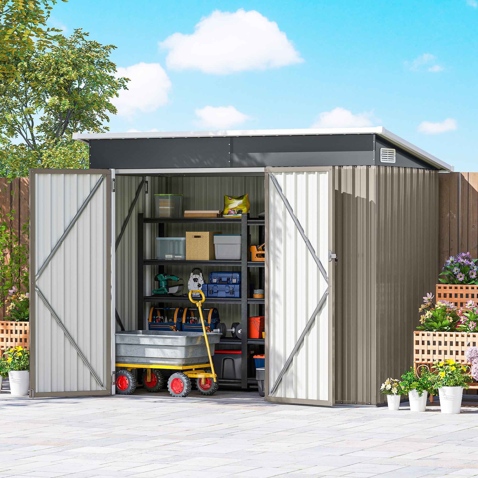 Abri de jardin en métal, cabane de jardin extérieure 234 x 132 x 185 cm, triple porte verrouillable, toit incliné, aérations et gants, cabanon rangement outils en acier galvanisé, gris clair