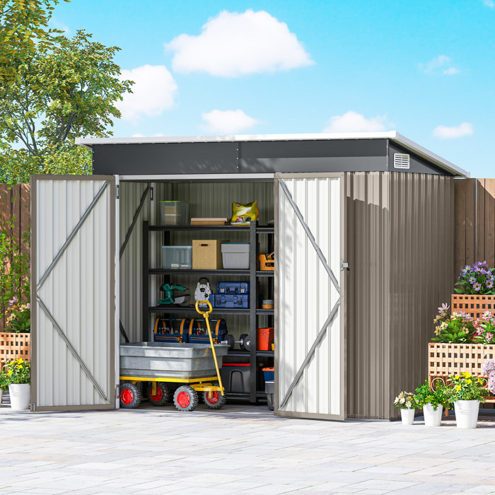 Abri de jardin en métal, cabane de jardin extérieure 234 x 132 x 185 cm, triple porte verrouillable, toit incliné, aérations et gants, cabanon rangement outils en acier galvanisé, gris clair