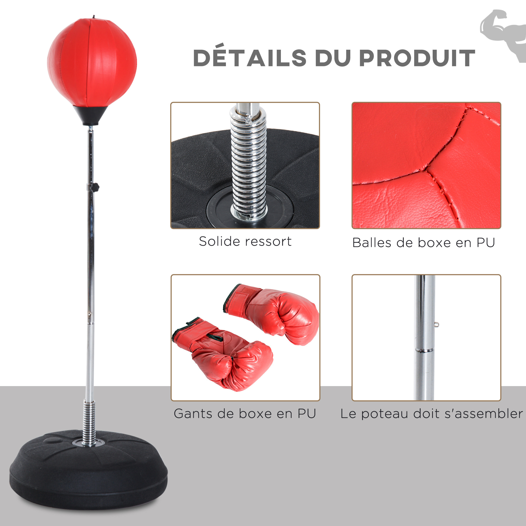 Punching ball sur pied réglable en hauteur 126-144 cm avec gants, pompe et base de lestage rouge