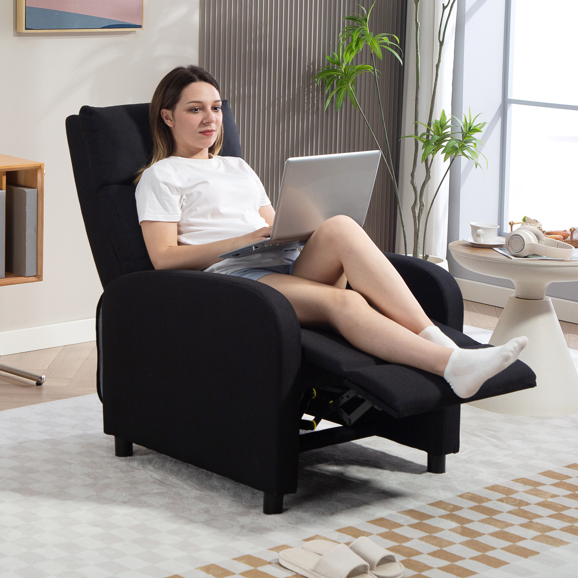 Sillón Relax Reclinable Manual, Sillón Relax de Lino con Apertura Push, Reposapiés, Respaldo Alto, Acolchado Grueso, Butaca Reclinable hasta 155Âº para Salón, Dormitorio, Oficina, Negro