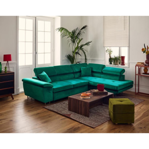 Dimas - canapé d'angle droit 5 places - convertible avec coffre et têtières réglables - en velours - Vert