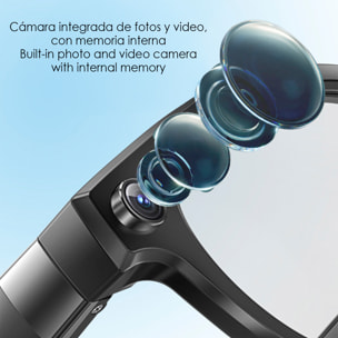 Occhiali intelligenti Q8. Con fotocamera da 8MPX, traduttore Ai in tempo reale, riconoscimento fotografico intelligente, controllo della musica e delle chiamate.