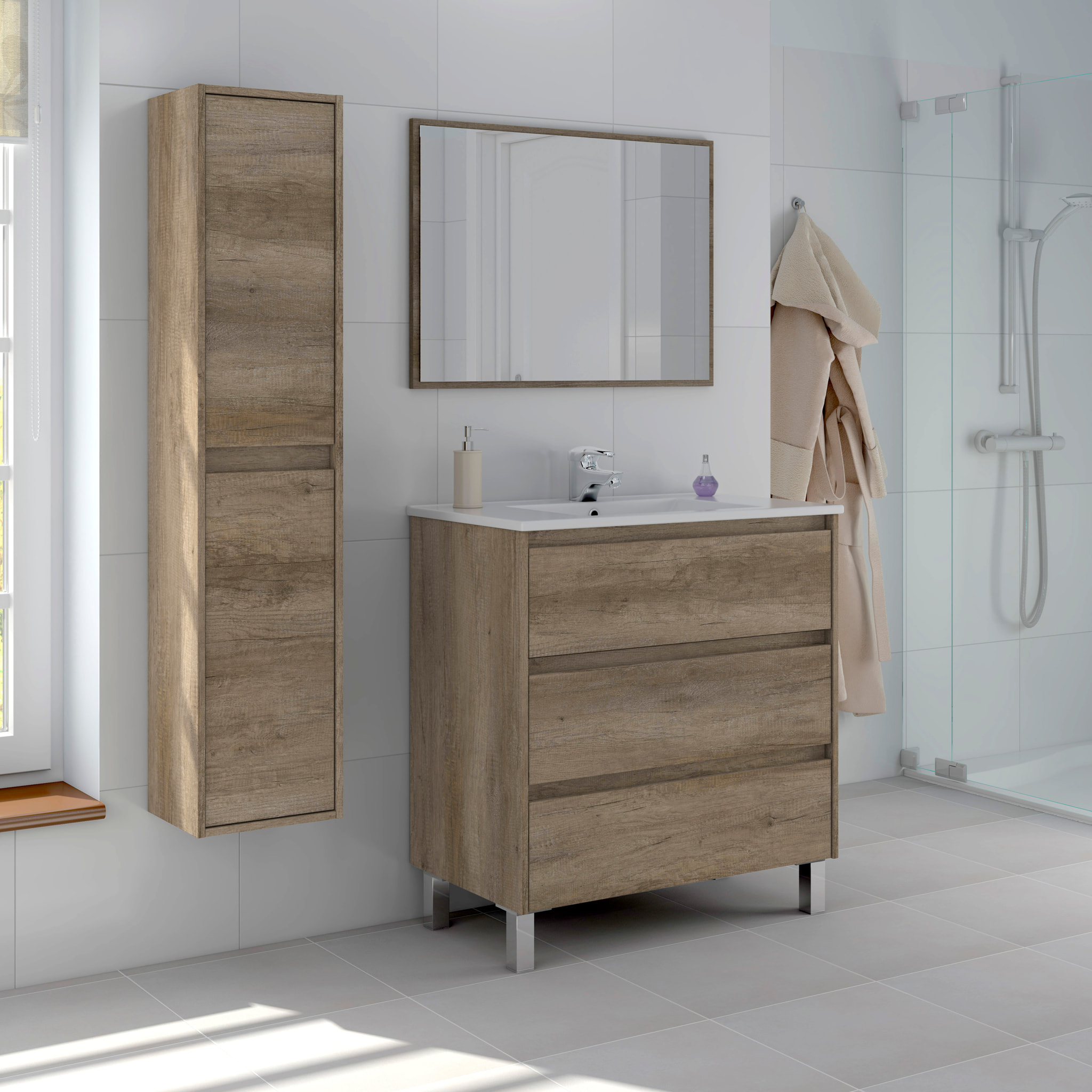 Mobile Bagno Sospeso Armadietto A Colonna Armadio Pensile 2 Ante 4 Ripiani Rovere Arredamento Bagno Nordico Moderno 30 x 25.5 x 140 cm Rovere Scuro