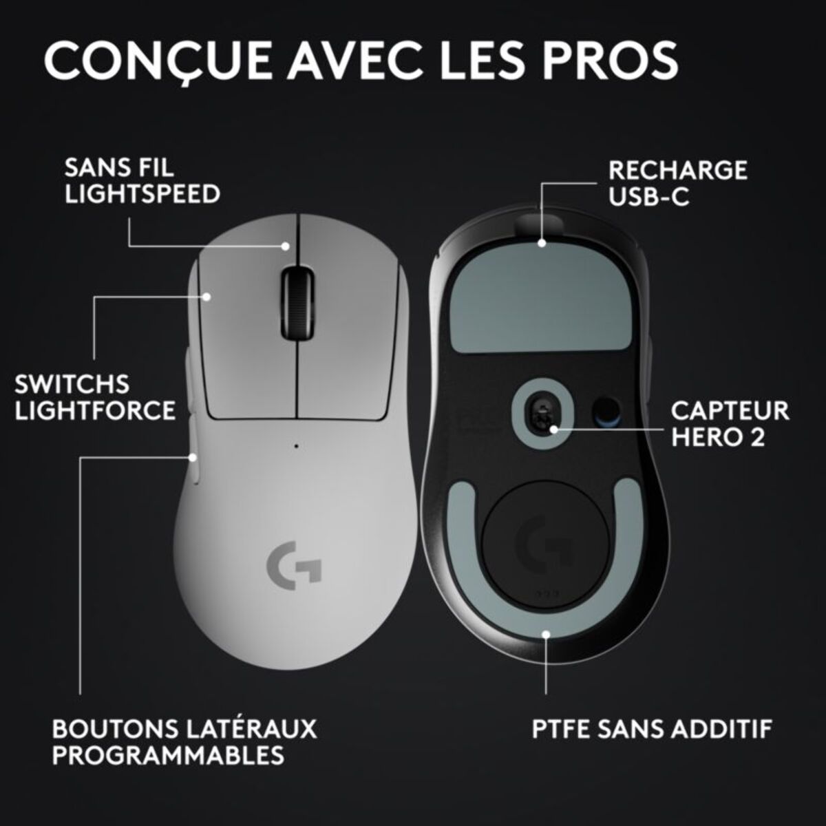 Souris Gamer Sans Fil LOGITECH PRO X SUPERLIGHT2 DEX LIGHTSPEED Blan