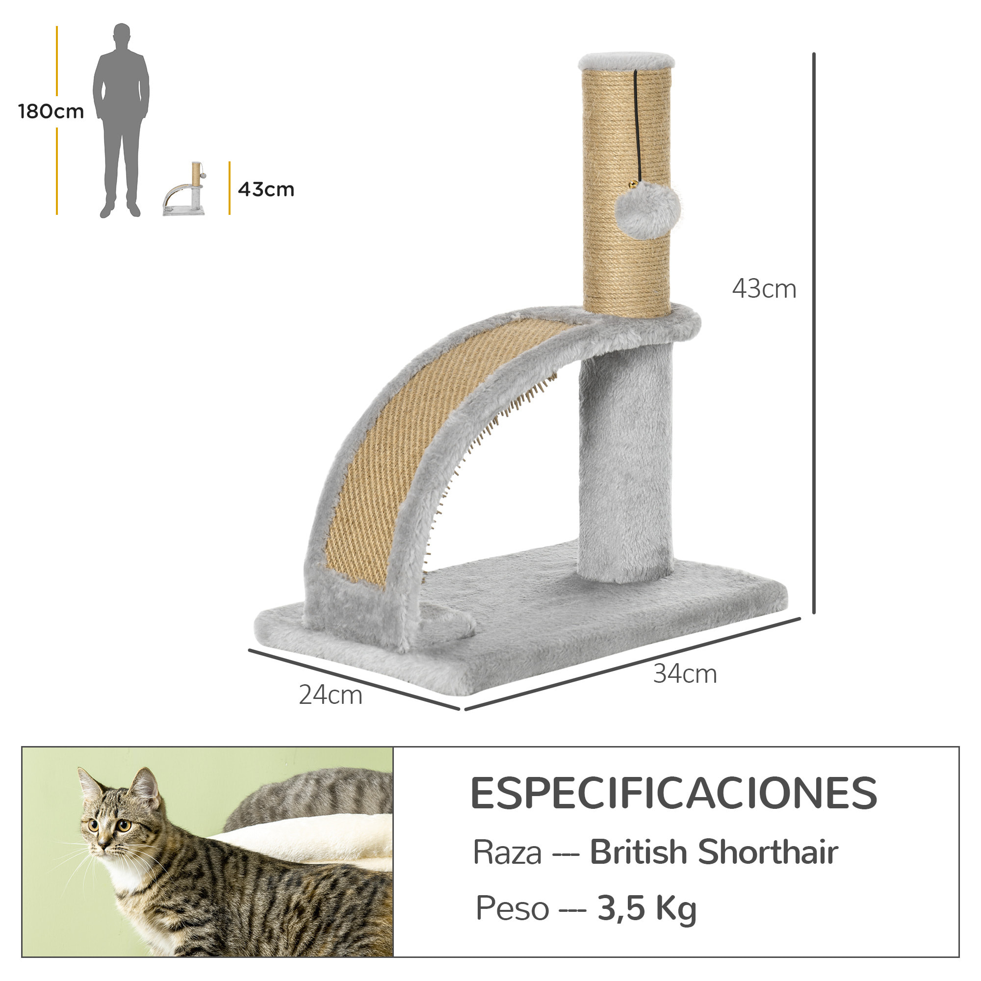 Árbol Rascador para Gatos Altura 43 cm Mini Árbol para Gatos Torre para Gatos con Tabla para Rascar Bola Colgante y Poste de Yute Gris