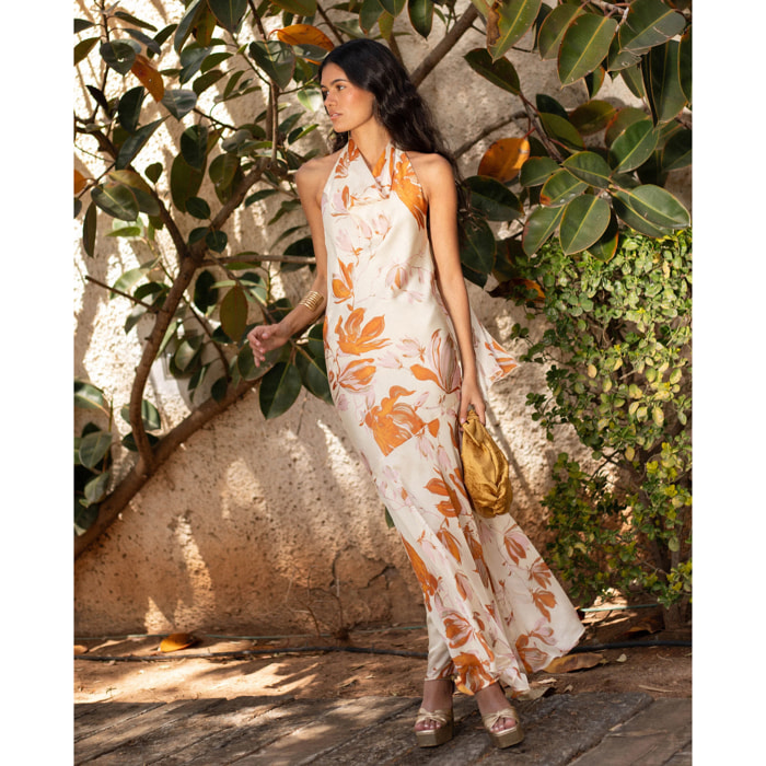 Vestido Largo Floral con Escote Halter Drapeado