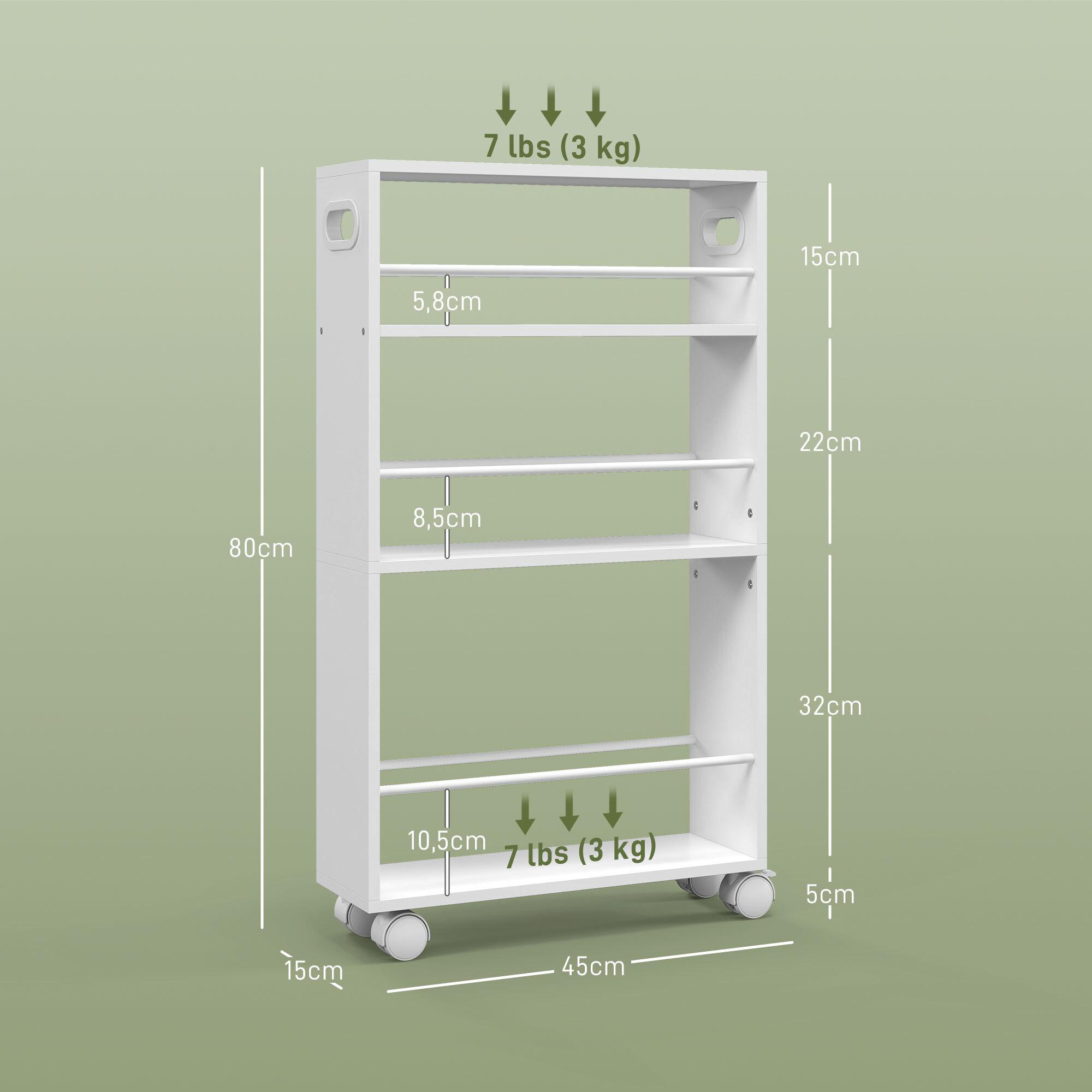 Carrito Auxiliar con Ruedas Carrito de Cocina de 3 Niveles con Barandillas Laterales y Asas para Comedor Sala Baño 45x15x80 cm Blanco