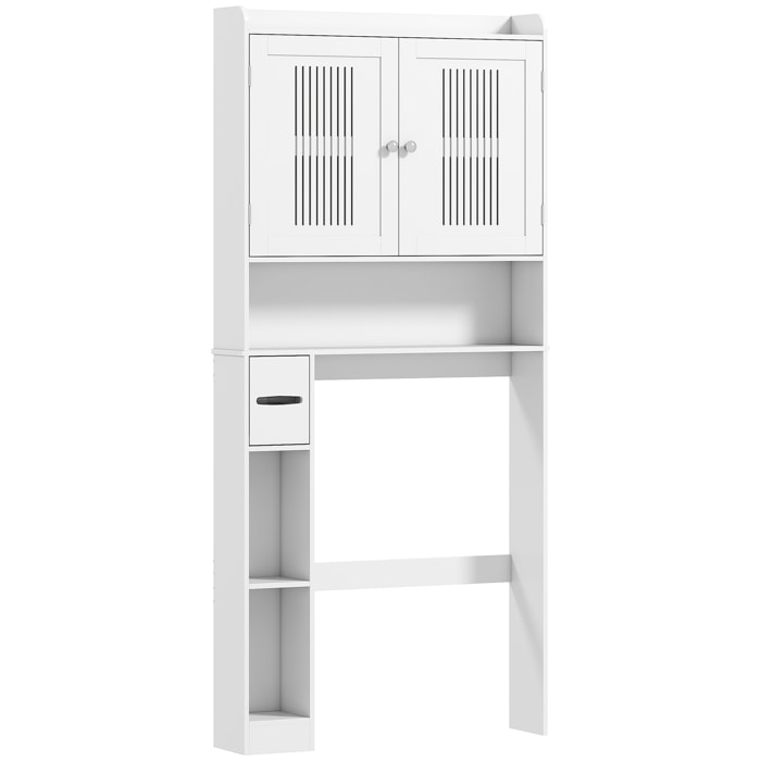 Meuble WC dessus de toilette 2 portes ajourées étagère 3 niches + rouleau papier blanc