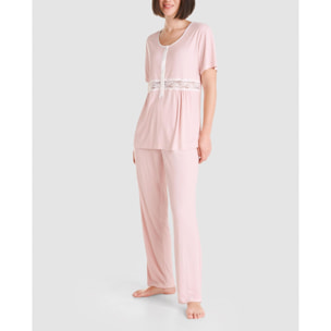 Pijama largo mujer canalé liso con encaje suave