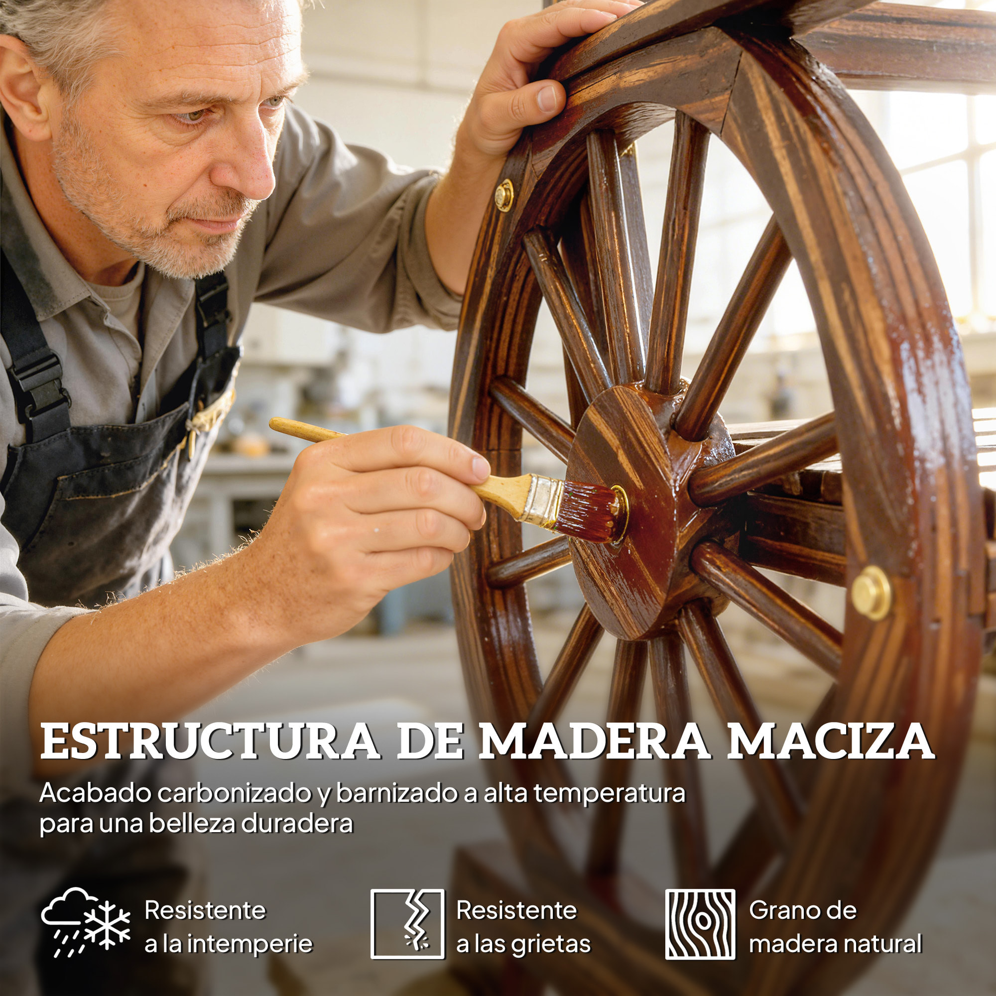 Silla de Jardín de Madera de 2 Plazas, Silla Asiento con Brazos de Rueda de Vagón, Respaldo Inclinado, Estilo Rústico, Carga 120 kg, para Patio, Terraza, Parque, 66x55x90 cm, Carbonizado