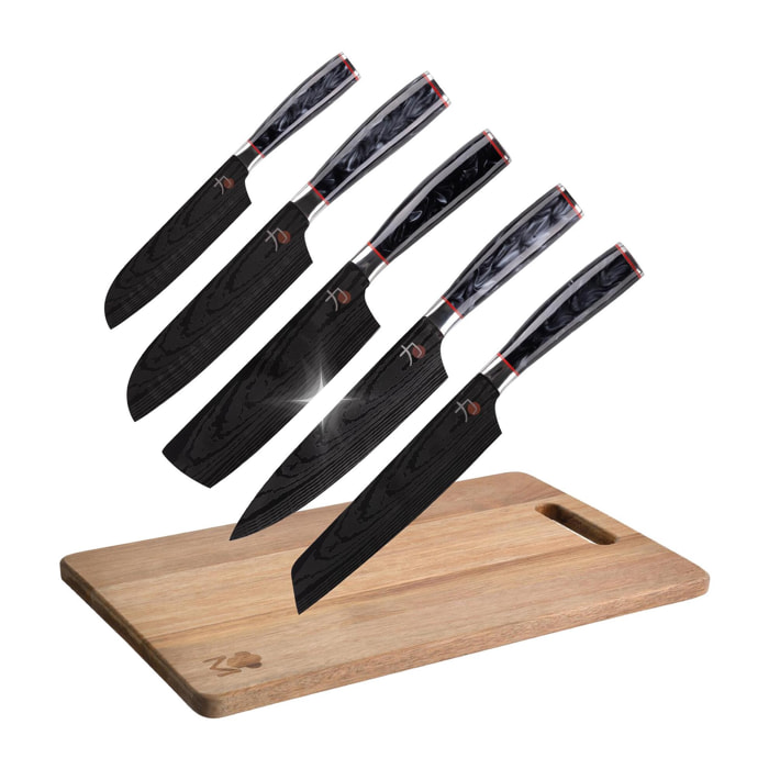 Set de 5 cuchillos japoneses tetsu y tabla de cortar 40x25x1,6cm masterpro