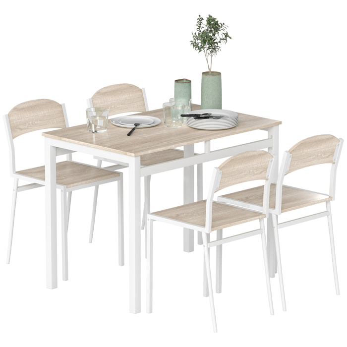 Juego de Mesa y Sillas de Comedor, Mesa de Cocina Redonda con 4 Sillas, Estilo Moderno, Marco Metálico, para Espacios Pequeños, Salón, Roble y Blanco