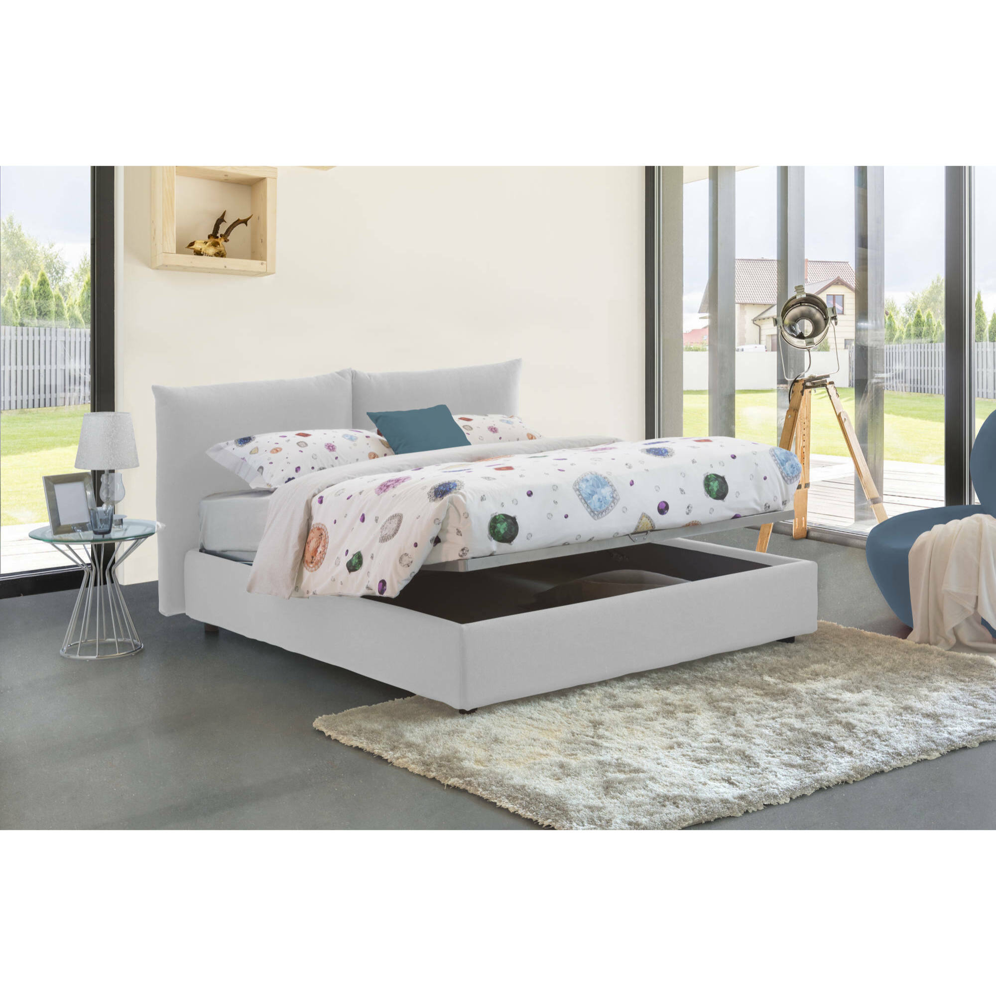 Letto matrimoniale Cristyn, Letto contenitore con rivestimento in tessuto, 100% Made in Italy, Apertura frontale, con materasso Cm 160x200 incluso, Bianco