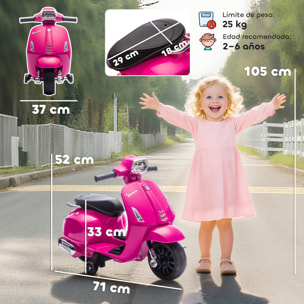 Moto Eléctrica para Niños 6V con Licencia Vespa, Moto Eléctrica Infantil con Ruedas Auxiliares de 6,9'', Velocidad de 2,5km/h, Faro y Bocina, para Niños de 2-6 Años, Rosa
