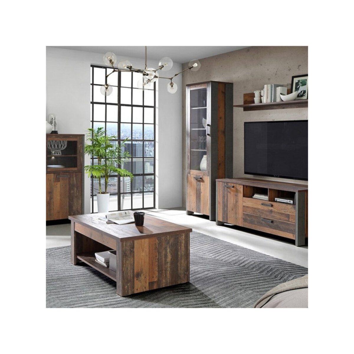 Vitrine en bois H205cm effet bois vieilli avec porte vitrée réversible - FRED