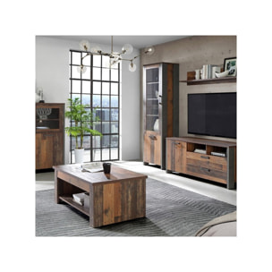 Vitrine en bois H205cm effet bois vieilli avec porte vitrée réversible - FRED