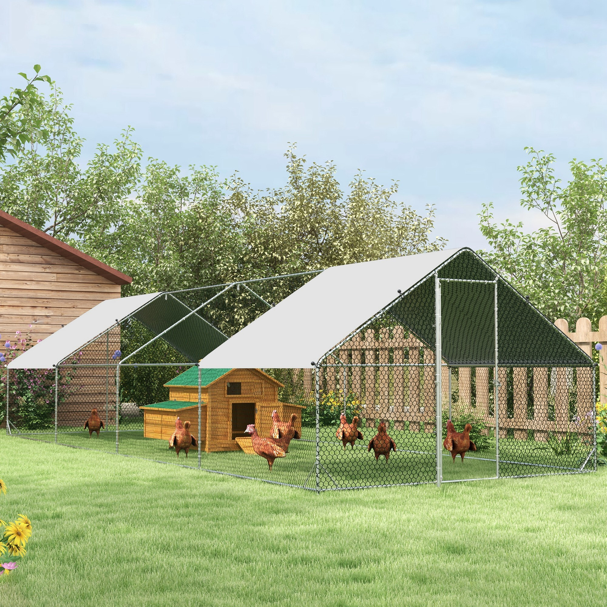 Conjunto de 1 Gallinero de Madera con 2 Nidos Bandeja Extraíble 150x100x96,5 cm y 1 Gallinero para Exterior Grande de Acero Galvanizado 3x8x2 m