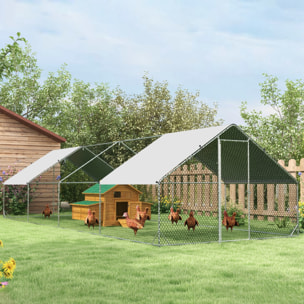 Conjunto de 1 Gallinero de Madera con 2 Nidos Bandeja Extraíble 150x100x96,5 cm y 1 Gallinero para Exterior Grande de Acero Galvanizado 3x8x2 m