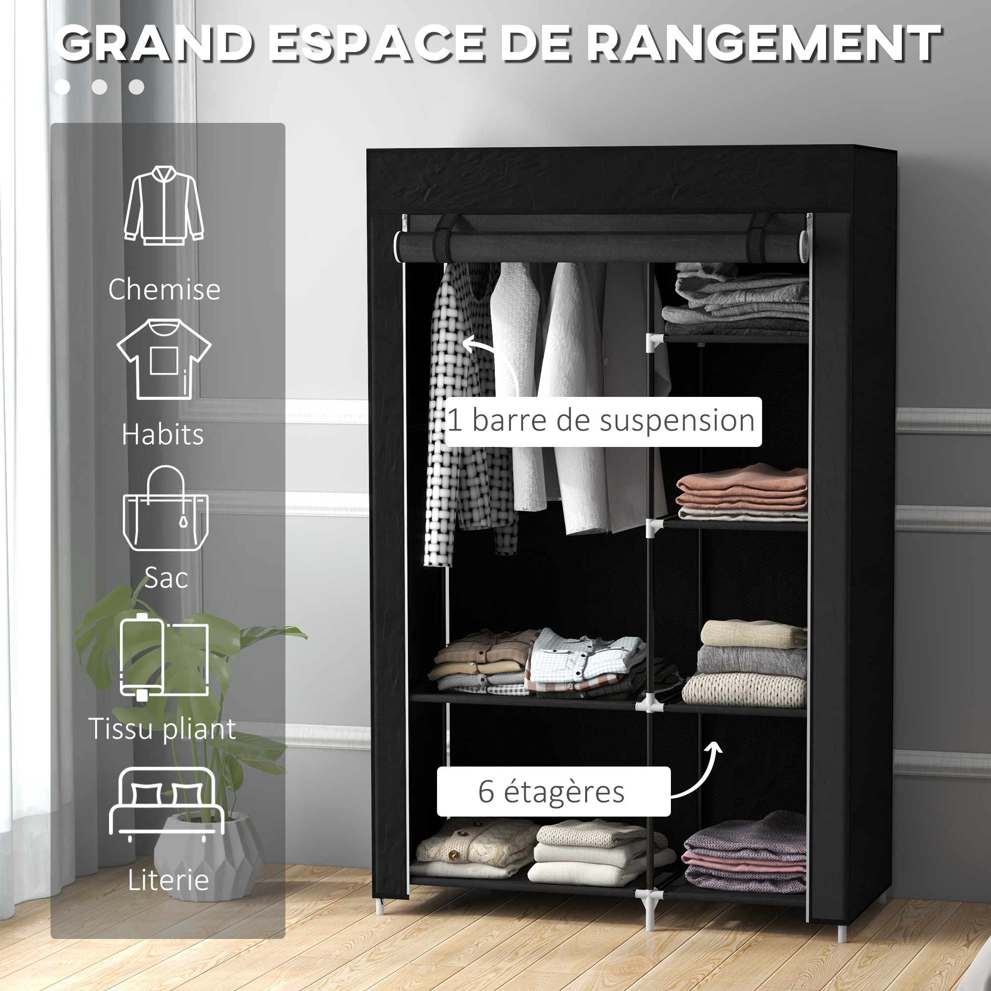 Armoire penderie multi-rangement - 6 étagères, 1 barre - dim. 103L x 43l x 162,5H cm - acier noir non tissé noir