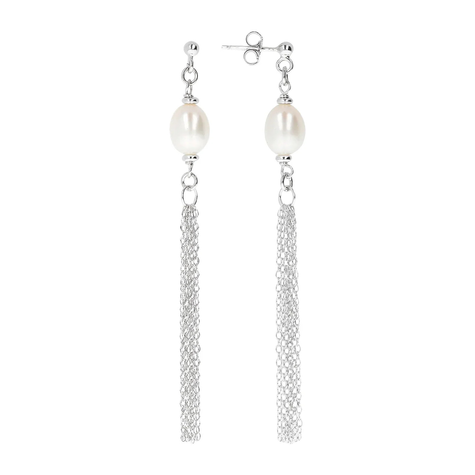 PERLAVIVA - Orecchini Pendenti Multifilo in Argento 925 placcato Rodio con Perle D'Acqua Dolce Bianche Ø 7/9 mm