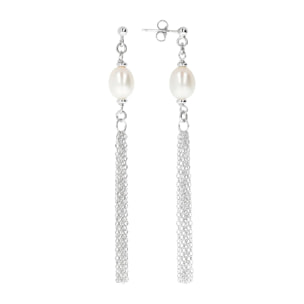PERLAVIVA - Orecchini Pendenti Multifilo in Argento 925 placcato Rodio con Perle D'Acqua Dolce Bianche Ø 7/9 mm