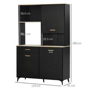 Alacena de Cocina Aparador de Comedor con 1 Cajón 3 Puertas y Almacenamiento Abierto Mueble Auxiliar para Microondas de Estilo Moderno 119x41x180 cm Negro