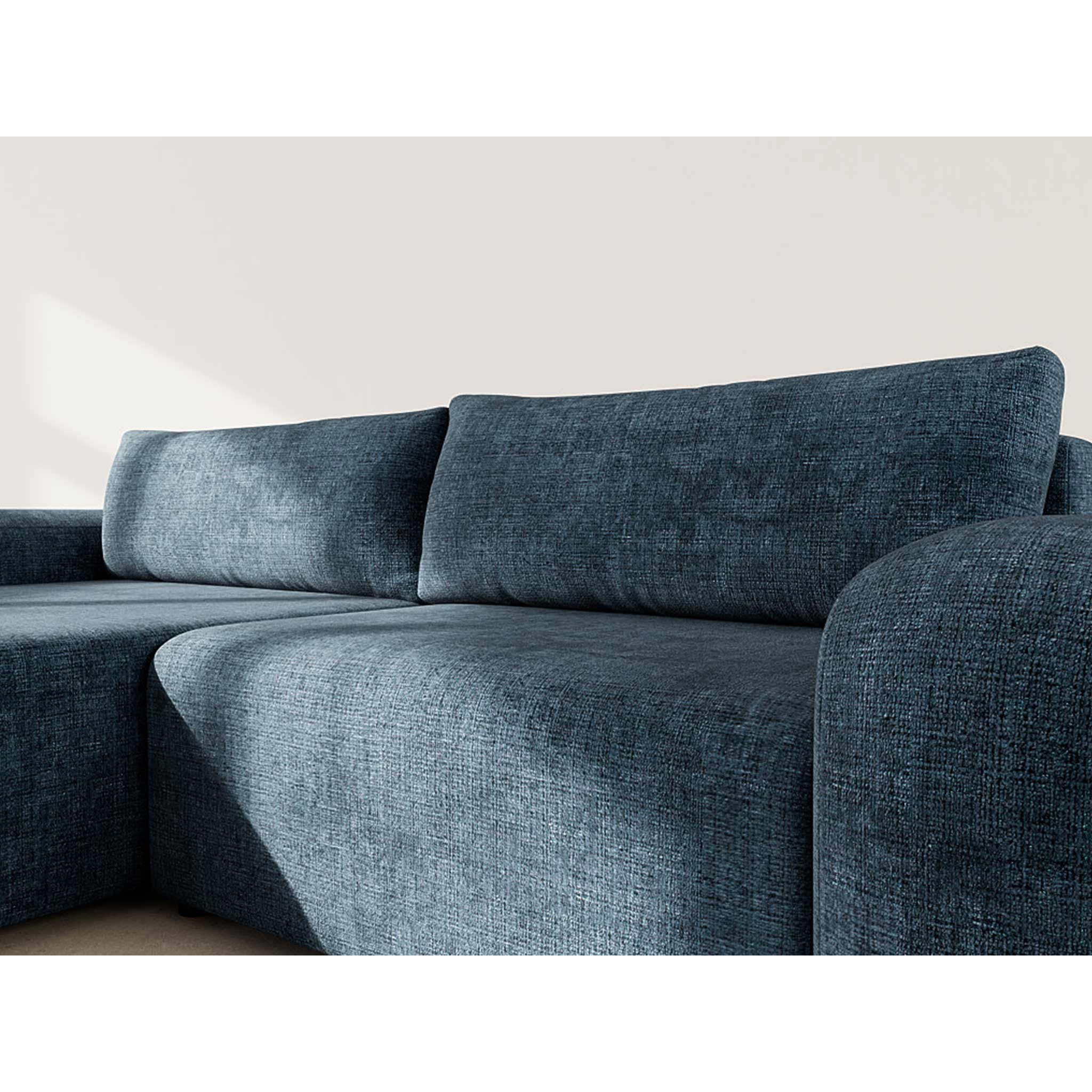 Rebecca - canapé d'angle gauche 4 places convertible avec coffre en velours texturé - Bleu