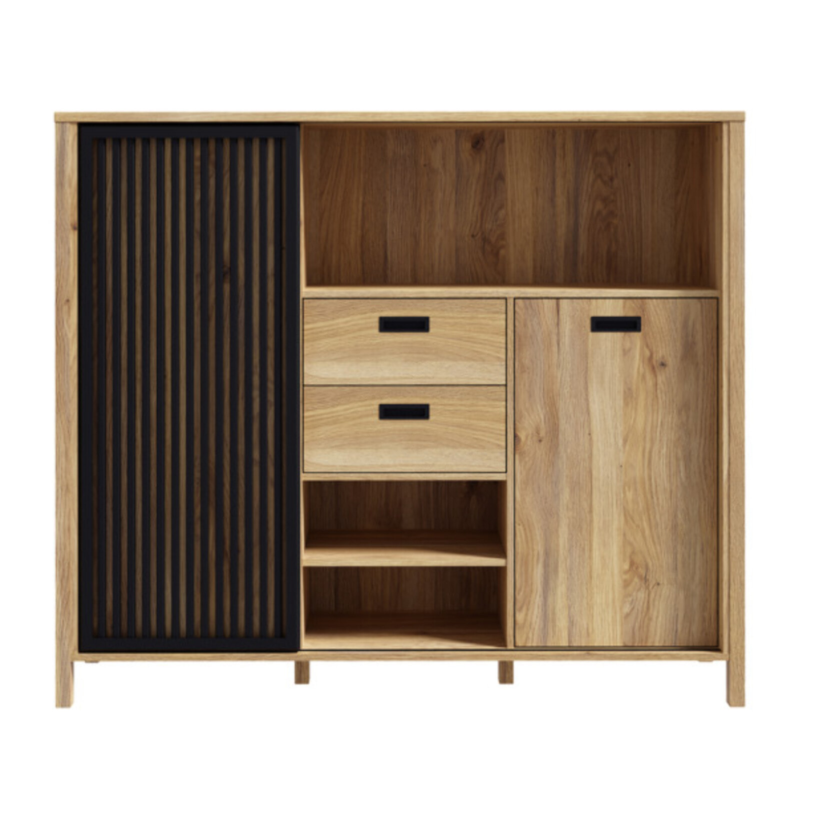 Armoirette L150cm 2 portes 2 tiroirs décor bois chêne et noir - BOSTON