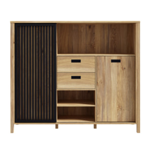 Armoirette L150cm 2 portes 2 tiroirs décor bois chêne et noir - BOSTON