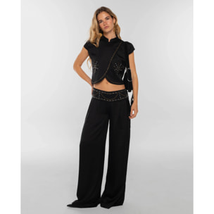 Pantalón en satén con canesú de mujer
