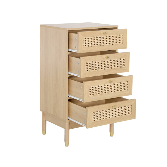 Commode chiffonnier décor bois et cannage 4 tiroirs teinte naturelle - 50 x 40 x 96 cm - Judith