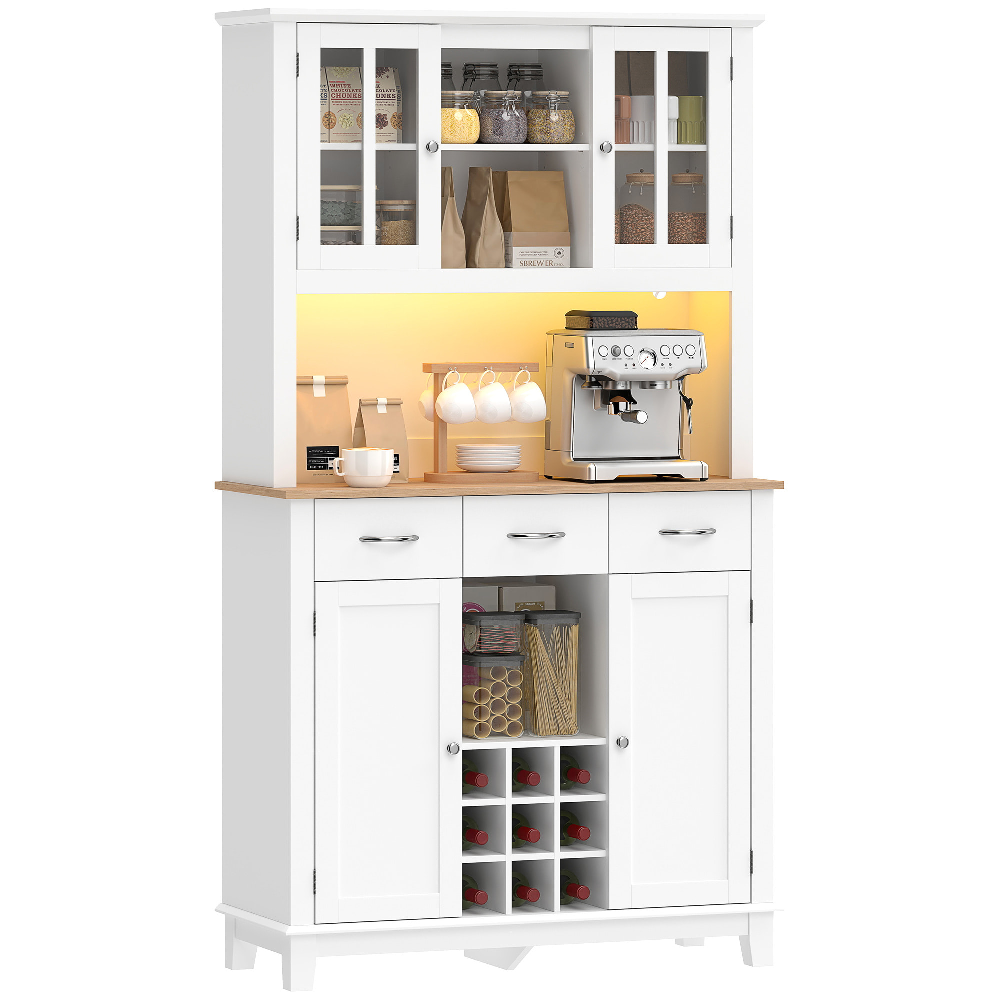 Alacena de Cocina con Iluminación LED Control por APP, Armario Cocina Alta con Encimera para Microondas, Botellero, Puertas de Vidrio, Estantes Abiertos, 3 Cajones, Estantes Ajustables, Blanco