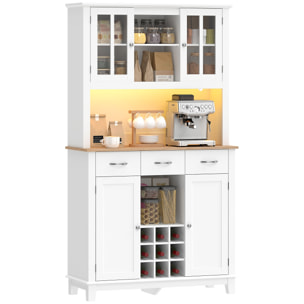 Alacena de Cocina con Iluminación LED Control por APP, Armario Cocina Alta con Encimera para Microondas, Botellero, Puertas de Vidrio, Estantes Abiertos, 3 Cajones, Estantes Ajustables, Blanco