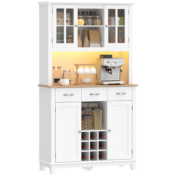 Alacena de Cocina con Iluminación LED Control por APP, Armario Cocina Alta con Encimera para Microondas, Botellero, Puertas de Vidrio, Estantes Abiertos, 3 Cajones, Estantes Ajustables, Blanco