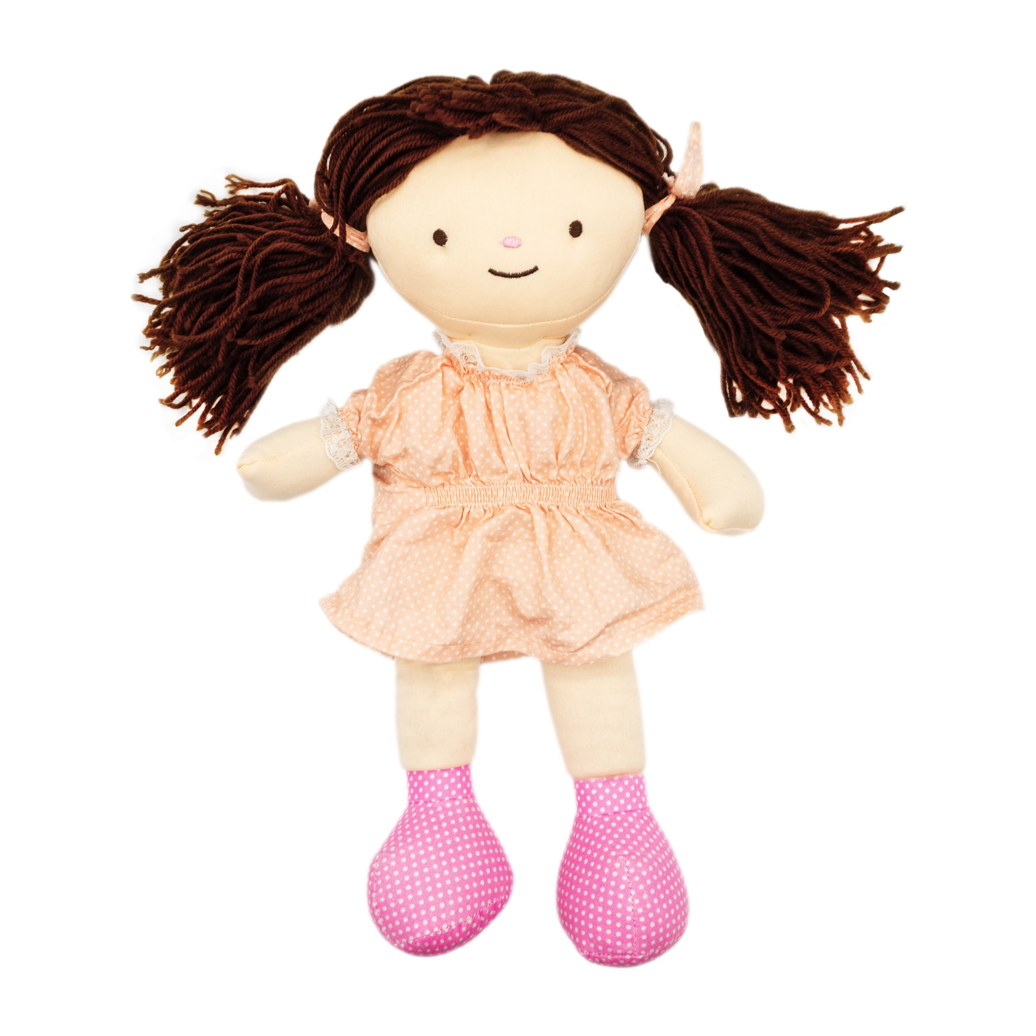PELUCHE TÉRMICO: MUÑECA CASTAÑA CON VESTIDO Y COLORETES