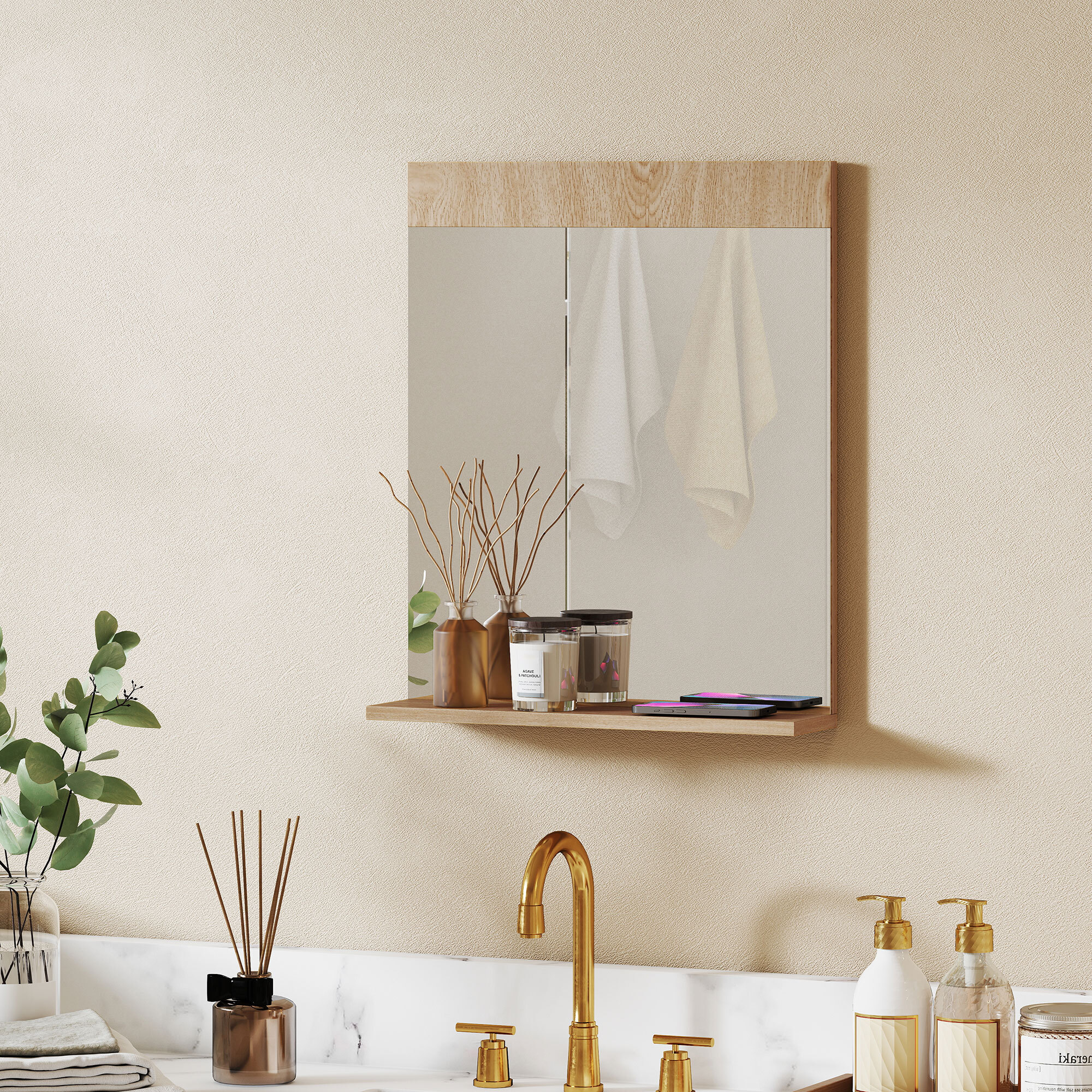Espejo de Baño Espejo de Pared con Estante Abierto Espejo para Entrada Pasillo 50x12x60 cm Roble