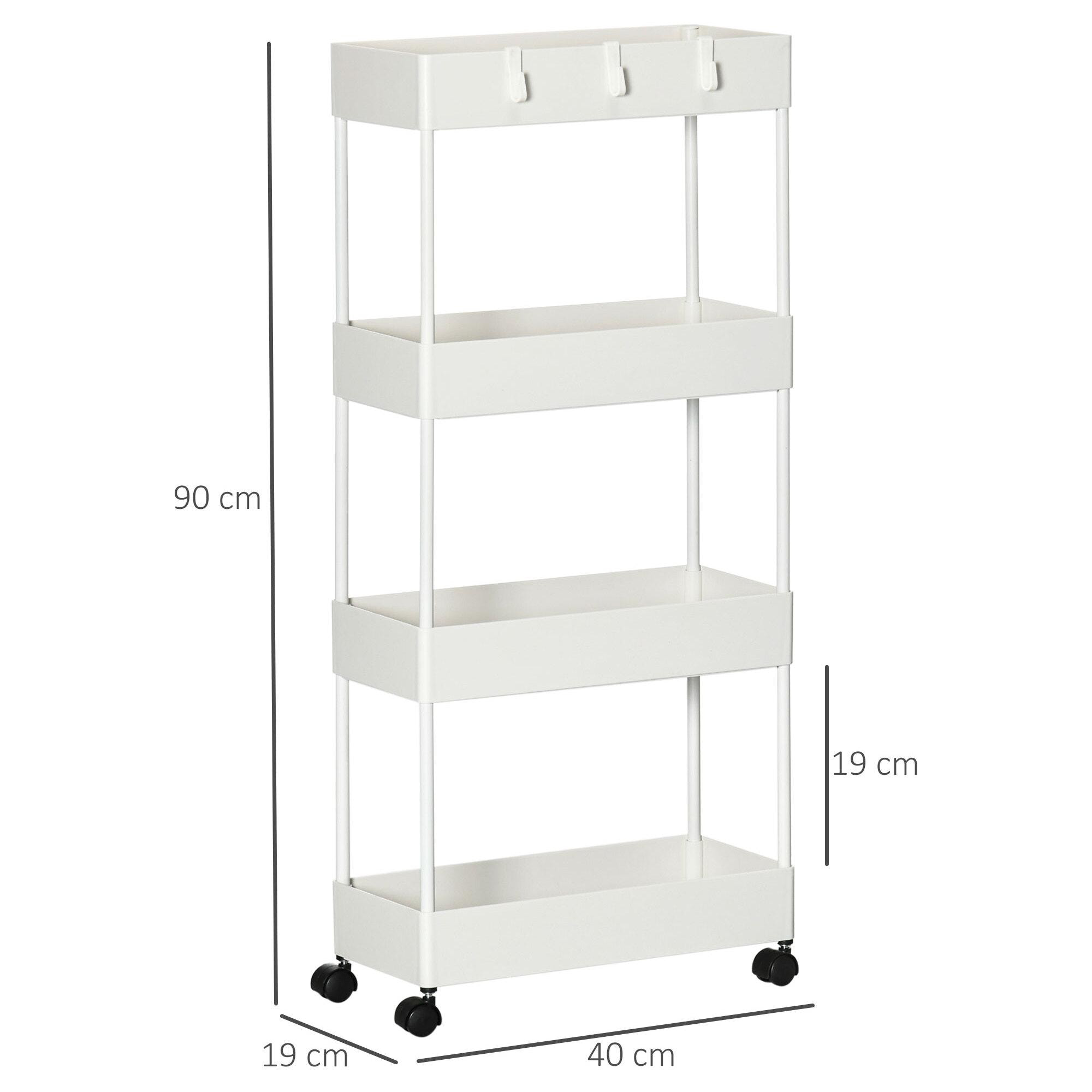 Carrito Auxiliar con Ruedas Carrito de Almacenamiento con 4 Cestas y 4 Ganchos Extraíbles para Cocina Baño Salón 40x19x90 cm Blanco