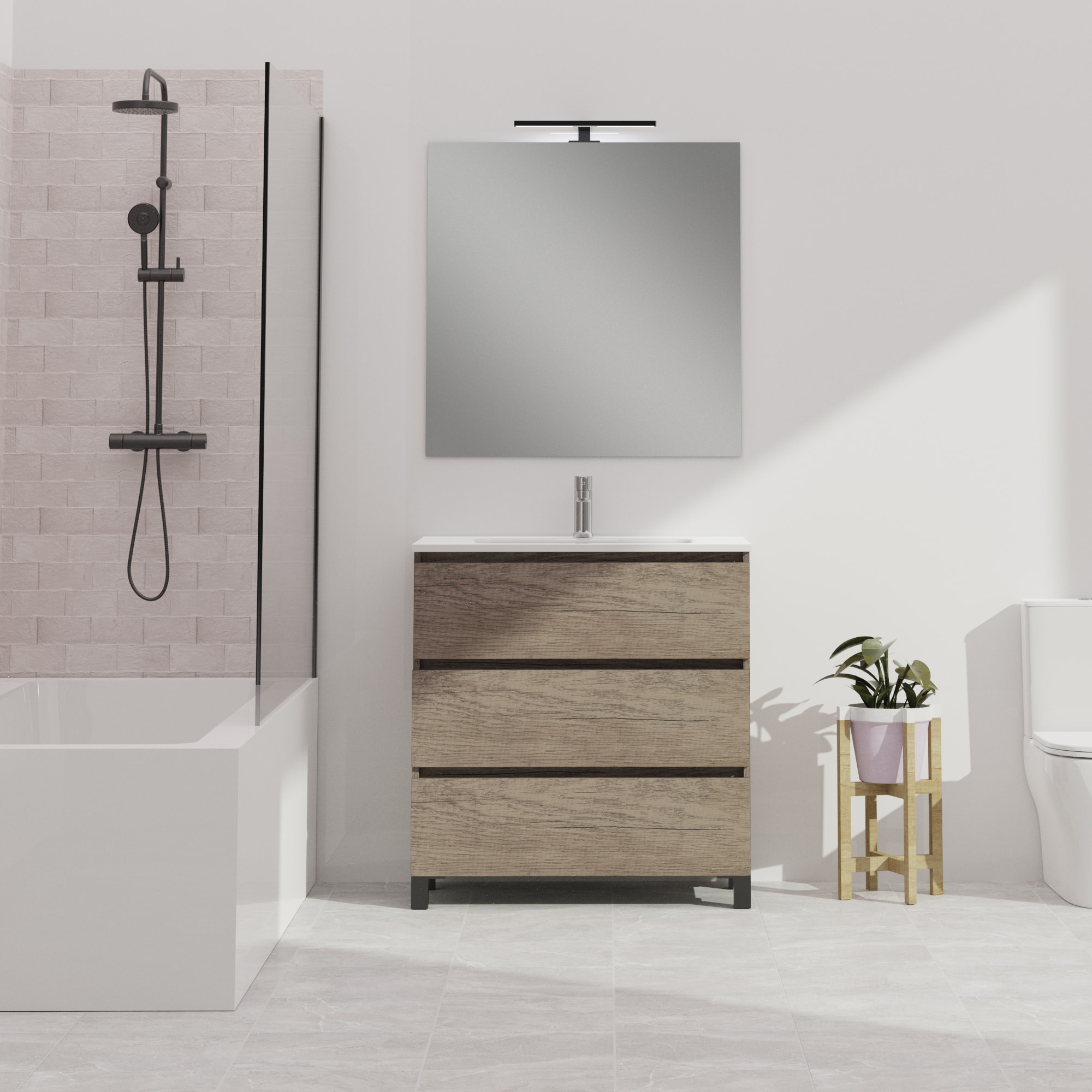 Conjunto de baño Wink | 90 cm Nebraska | Tres cajones | Lavabo encastrado | No incluye espejo | Mueble montado | Alday