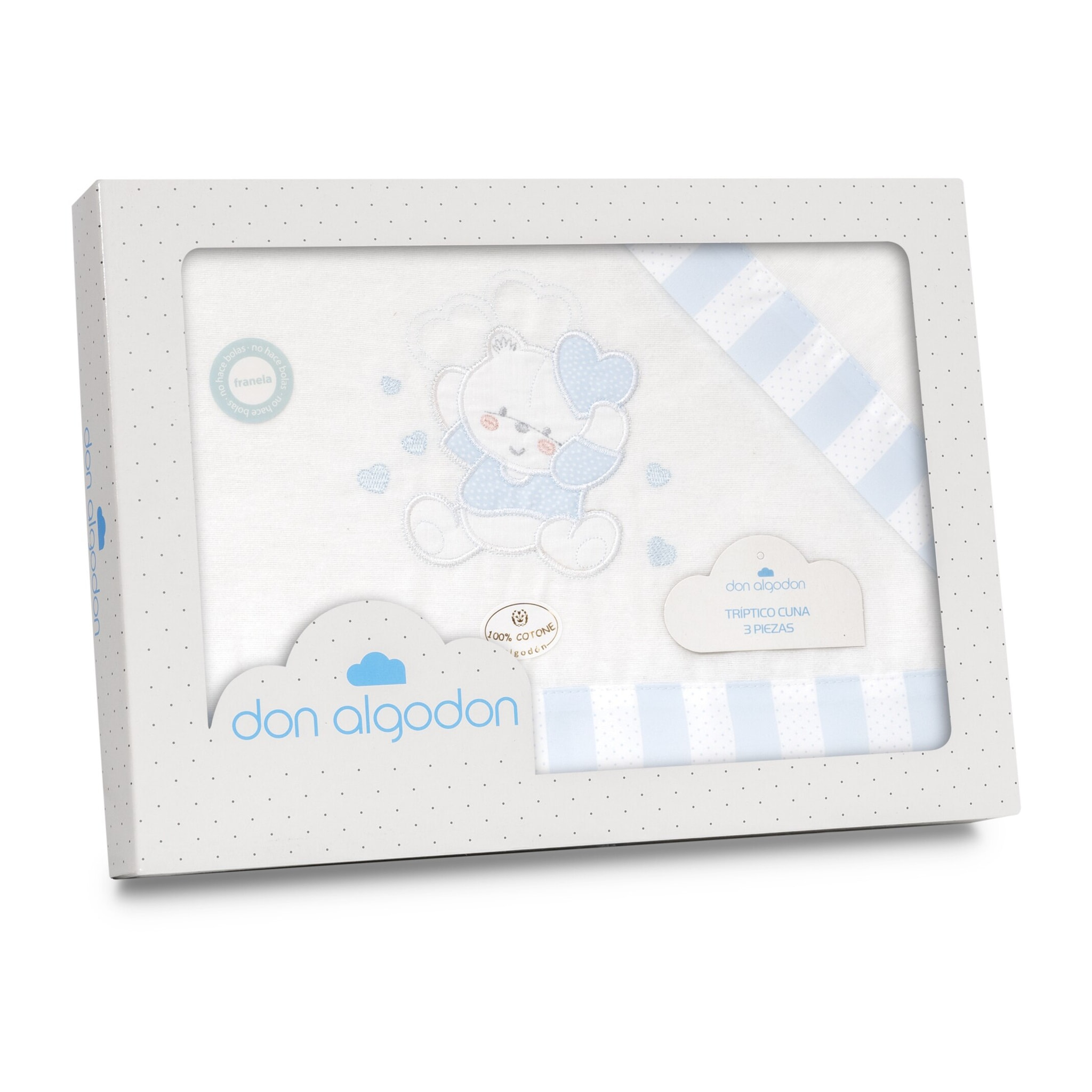 Triptico Coche Franela D. Algodon Oso Corazones Bco/Azul