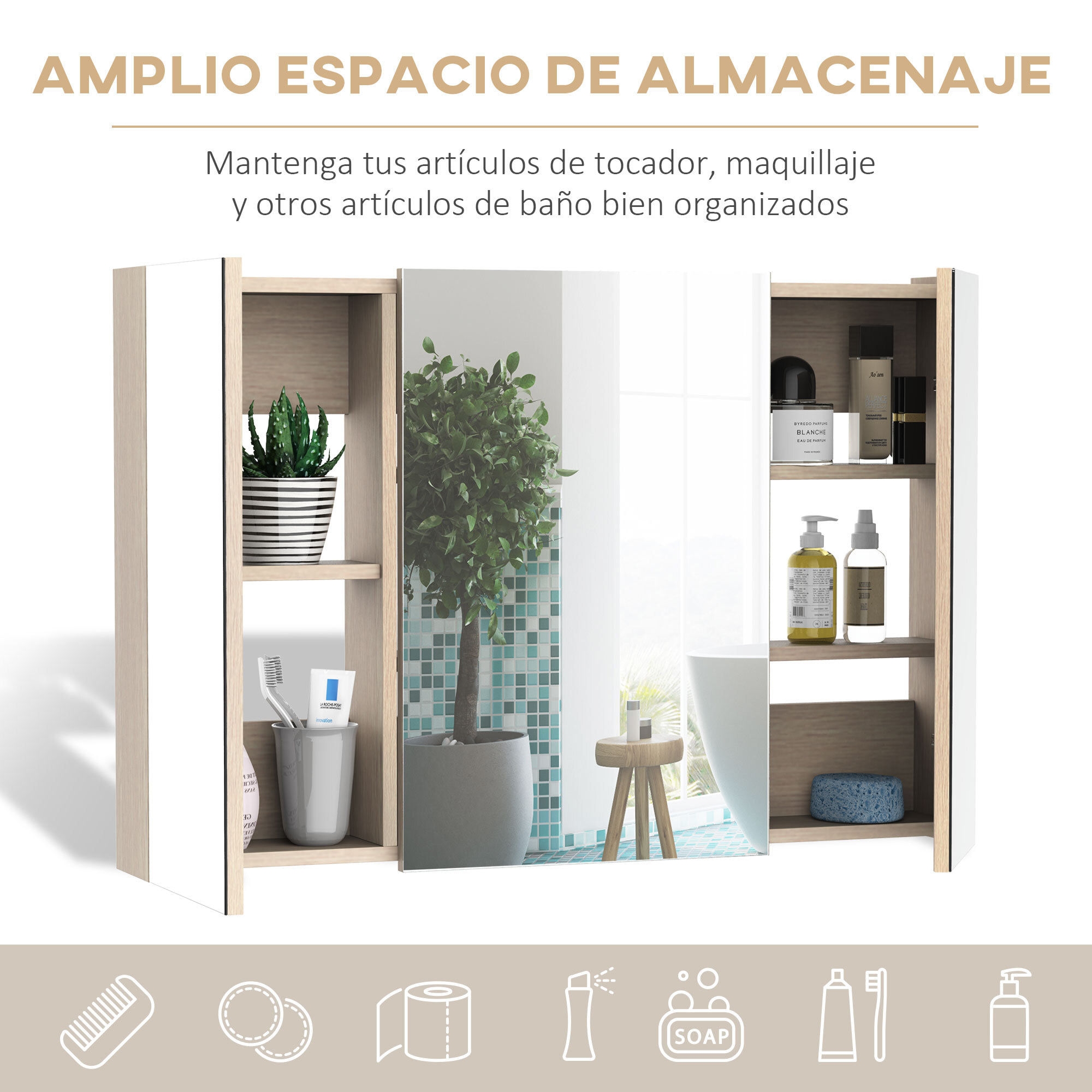 Armario de Baño con Espejo Mueble Espejo para Baño con 3 Puertas y Estantes Ajustables para Aseo Dormitorio Estilo Moderno 90x60x13,5 cm Roble