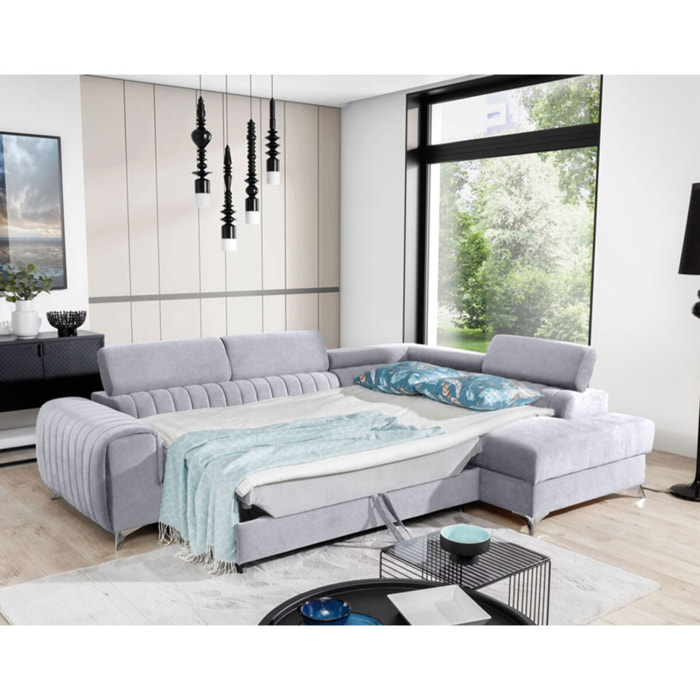 Talisay - canapé d'angle droit - 5 places - convertible avec coffre - en velours - Gris clair